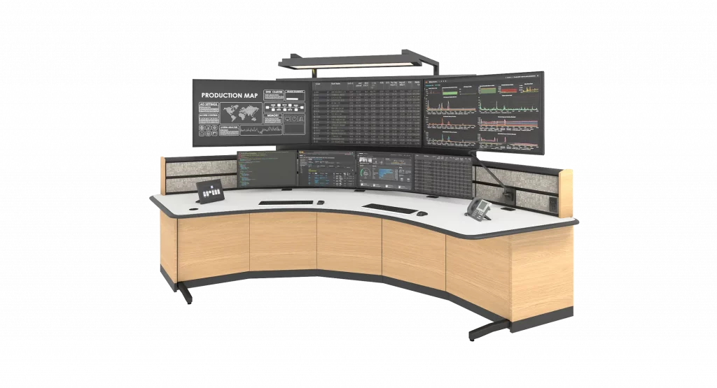 Tresco consoles 6000 series workstation with several displays and an overhead light