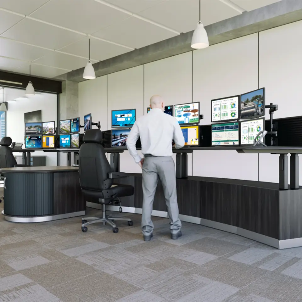 Wastewater treatment control console, with sit-stand functionality.